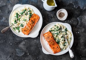 Plated salmon typical of a Mediterranean diet